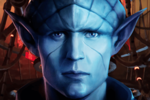 Paradox Interactive unveils Stellaris The Machine Age. An image of a character from "Stellaris: The Machine Age," featuring a blue-skinned, cybernetic individual with pointed ears and intense eyes, set against a backdrop of futuristic machinery.