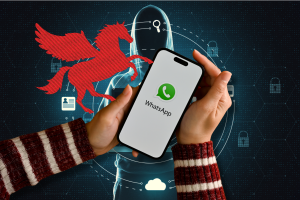 Pegasus spyware US court orders maker to hand over code to WhatsApp. An illustration of a hand holding a smartphone with the WhatsApp logo displayed on the screen. The background features a stylized red Pegasus figure emerging from digital graphics that suggest cybersecurity, with icons representing user identity and lock symbols in a network-like pattern. The Pegasus and phone are overlaid on a dark backdrop with digital connections and cybersecurity elements.