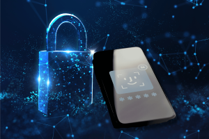 Proton Pass rolls out universal passkey support for users. A digital padlock symbolizing security is illuminated against a dark, network-connected backdrop, while a mobile device with a cheerful emoticon and a secure lock icon indicates passkey technology.