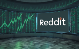 an empty trading floor with a large screen showing the Reddit logo. The screen is full of upward green lines to symbolize stock rise, 3d render