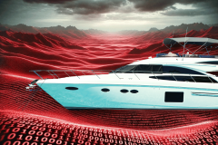 Rhysida ransomware group claims MarineMax yacht dealer attack. A luxury yacht is stranded on a crimson sea of binary numbers, evoking a digital ransomware attack in a dystopian setting.