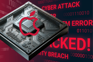 Side channel attack vulnerability found in Apple's M1 chip. The image depicts a microprocessor chip with visual overlays suggesting a security concern such as a cyber attack or system error. Words like "CYBER ATTACK," "SYSTEM ERROR," "HACKED!" and "SECURITY BREACH" are prominently displayed in red, implying the chip is experiencing a severe security vulnerability. Binary code patterns add to the digital theme.