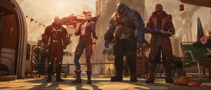 Suicide Squad: Kill the Justice League. This image shows a group of four stylized characters, possibly from a video game or animated film, standing confidently in what appears to be a sunny, urban environment. From left to right: the first character is masked and dressed in tactical gear, the second character is a female with a striking appearance, holding a bat over her shoulder, the third is a large, muscular figure with blue skin and tribal tattoos, and the fourth character is a man in a brown coat holding a futuristic-looking tool or weapon. They seem ready for action or adventure. Behind them, a helicopter and tall buildings suggest a modern cityscape. There's a sense of casual strength and preparedness about them.