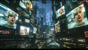A futuristic city with high buildings that are all covered with TV screens showing images of Taylor Swift.