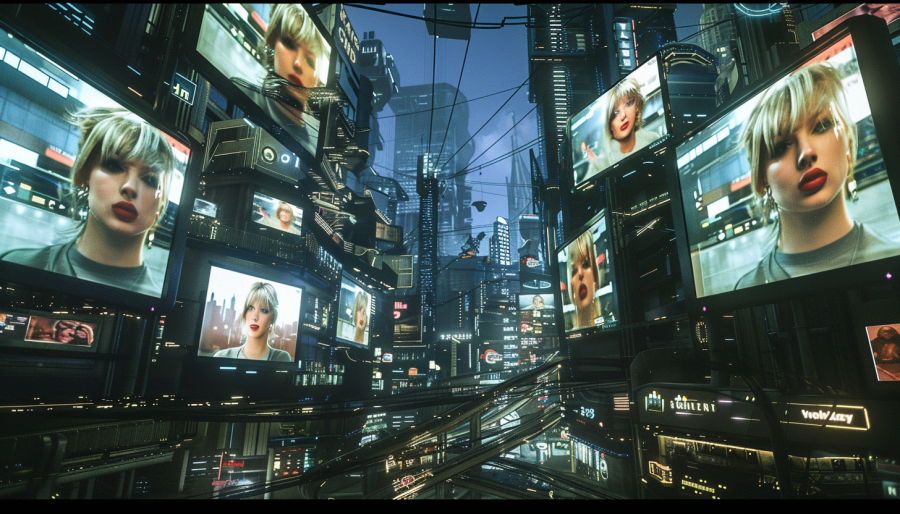 A futuristic city with high buildings that are all covered with TV screens showing images of Taylor Swift.