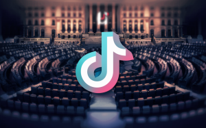 A striking 3D render of the US Congress, with empty seats and a prominent TikTok logo in the center. The overall ambiance of the image is futuristic and surreal, with a hint of social media influence on political proceedings.,