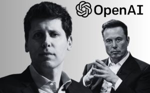 Headshots of Sam Altman and Elon Musk on an austere black and white background with the openai logo above Elon's head.