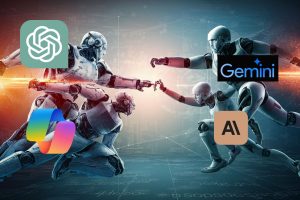A futuristic and imaginative scene where four powerful AIs are depicted as powerful robots engaged in a thrilling confrontation that represents four big AI companies in competition. No guns, no people in image. The background should be a visual representation of the internet. The logos of OpenAI, Microsoft CoPilot, ANthropic and Google Gemini are over a different robot each.