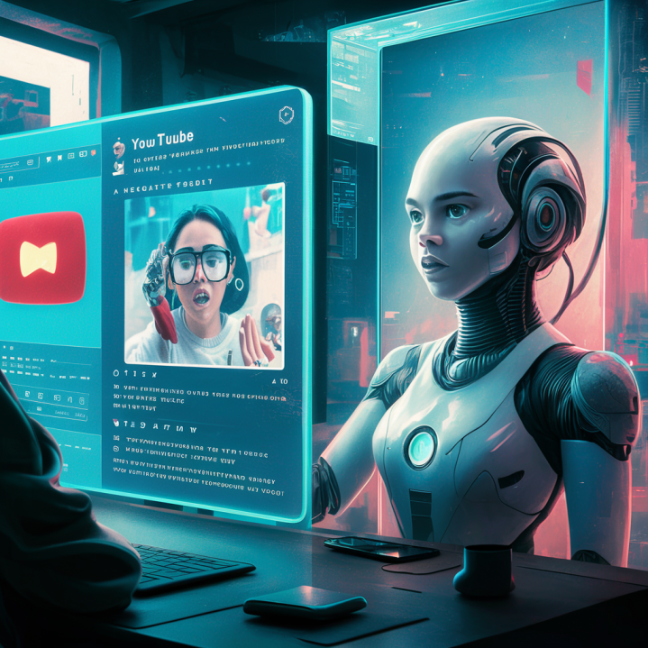 A futuristic scene of a person watching YouTube videos on a large holographic screen, with an AI-powered virtual assistant nearby