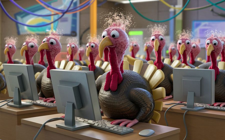 An AI-generated image of a packed room full of turkeys on computers.