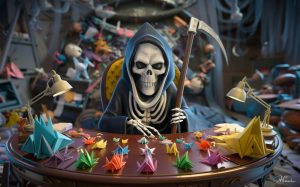 An AI generated image of the Grim Reaper making origami models.