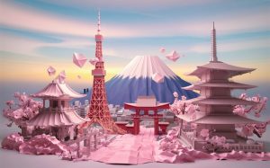 An AI-generated image of the landmarks of Japan made out of crafting materials.