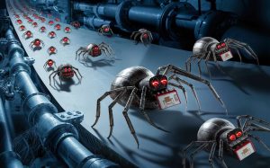 An AI-generated image of spiders scurrying away carrying microchips