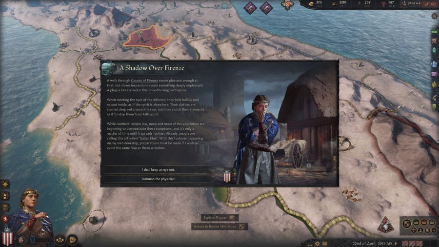 A status screen in Crusader Kings III showing the plague has arrived.