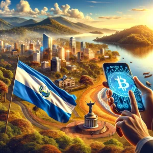 Create a realistic image showcasing a beautiful landscape in El Salvador, with a futuristic city skyline in the background symbolizing economic growth and technological advancement. In the foreground, a person holds a smartphone displaying the Bitcoin symbol, illustrating the nation's embrace of cryptocurrency. Nearby, a small sign reads "Bitcoin Accepted Here," symbolizing the country's adoption of Bitcoin as legal tender. The scene is set during the golden hour, with warm sunlight illuminating the landscape and the city. Prominently featured in the scene is the flag of El Salvador, conveying national pride.