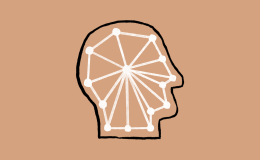a hand drawing of a head with a web of interlinking white lines inside on a peach coloured background