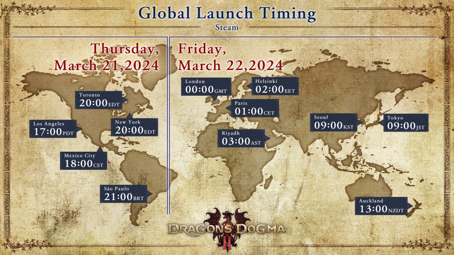 A image of a map showing the launch times for Dragon's Dogma 2