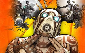 Key art for Borderlands game showing the Psycho, a character in the foreground with a bright orange background.
