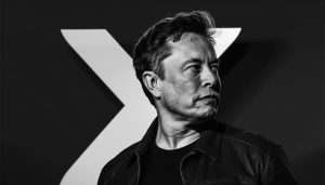 Elon Musk side profile black and white on a black background with a large white 'X' logo behind him