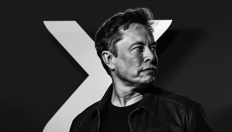 Elon Musk side profile black and white on a black background with a large white 'X' logo behind him