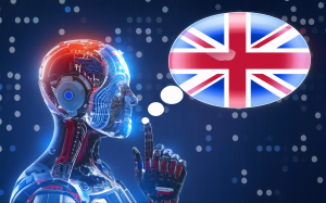 an image of a humanoid robot AI with a thought bubble coming out and the union jack is in it, 3d render