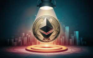 A dramatic illustration of Ethereum, with the cryptocurrency's value being under a spotlight 3d render, 3d render