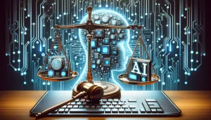 An image depicting a digital courtroom scene with a balance scale intertwined with AI circuitry, a gavel resting on a computer keyboard, and abstract icons of legal documents, symbolizing OpenAI's lawsuit. In the background, subtle references to Elon Musk and court filings highlight the legal complexities involved.