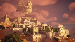 An image of Mount Olympus in Fortnite with Zeus looking down.