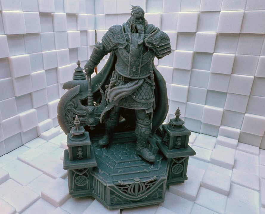 A 3D printed model of Godfrey from Elden Ring shortly after curing