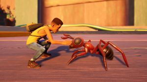 A screenshot of a boy meeting an ant in Grounded