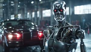A scary terminator style robot in a car factory