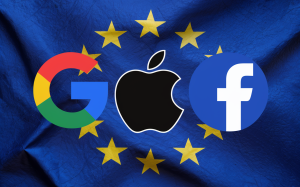 The Google, Apple and Facebook logos above a European Union flag