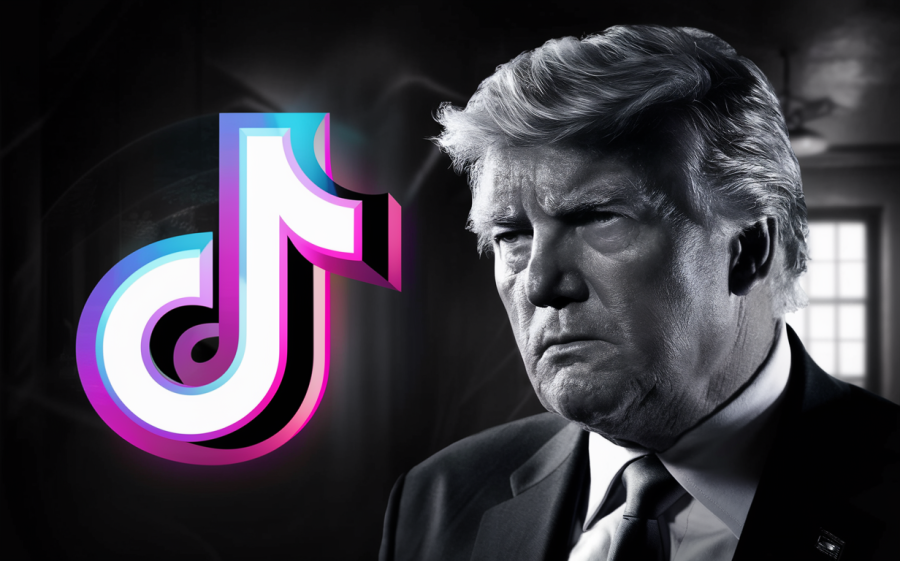 A striking black and white headshot of Donald Trump, with a serious and confrontational expression. The background features a modern, vibrant TikTok logo, casting a dynamic and bold shadow on the former president. The cinematic setting is a dimly lit, high-contrast environment that emphasizes the tension and drama of the scene.
