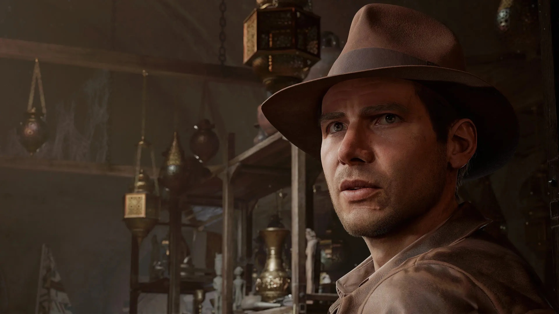 A close up shot of Indiana Jones in the Great Circle