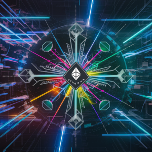A futuristic, high-tech digital representation of Ethereum's sharding process. The image features a central Ethereum blockchain with various branches representing different shards. Each shard radiates a different color, symbolizing the separation of workload and increased efficiency. The background is a blend of neon lights and complex algorithms, reflecting the technical and innovative nature of the blockchain.