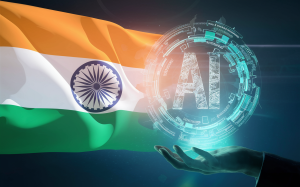 conceptual image showing the flag of India and holographic representation of AI, 3d render