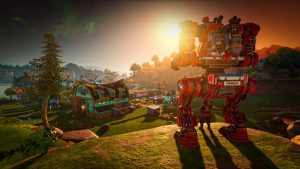 A mech looks out across the landscape on Lightyear Frontier, the farming sim now available on Xbox Game Pass