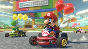 A cinematic image of Mario driving a kart in Mario Kart 8.