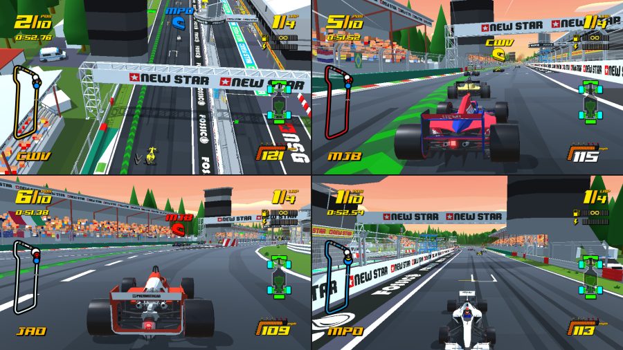 A screenshot showing New Star GPs 4 player split-screen mode