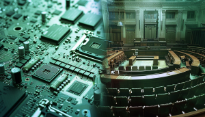 Nvidia chips on a motherboard on one half of picture, on other half an image of an empty courtroom