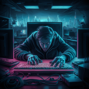 A suspenseful image of a skilled hacker hunched over a computer screen, fingers flying across the keyboard. The room is dimly lit, with various monitors, cables, and computer components scattered around. A neon glow emanates from the keyboard and screen, casting an eerie light on the hacker's determined face. The background shows a cityscape with a skyline of futuristic skyscrapers, reflecting the hacker's global reach. Model