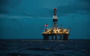 a lone oil rig at night on a dark choppy sea with an American flag coming out of it, cinematic.