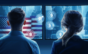 male and female agents with their back turned view tv screens with financial and crypto icons on screen, a USA flag is on one screen, 3d render
