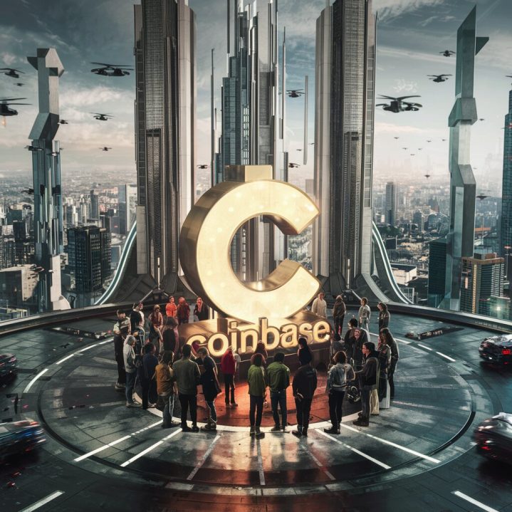 A futuristic cityscape dominated by skyscrapers and modern architectural marvels. In the foreground, a group of people gather around a large, illuminated 'Coinbase' logo, which appears to be an iconic landmark. The background reveals a panoramic view of the city, with flying cars and drones buzzing around, creating a sense of bustling activity and technological advancements.