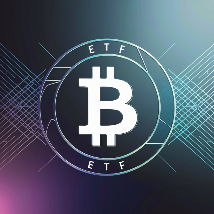 A modern and futuristic financial scene featuring a Bitcoin ETF, represented as a digital cryptocurrency symbol. The design is sleek and elegant, with a gradual transition from dark to light shades of blue and purple. The Bitcoin logo is in the center, surrounded by a circular border with the words 'ETF' inscribed on it. The background has a subtle, abstract pattern of intersecting lines, symbolizing the vast and intricate network of digital finance.