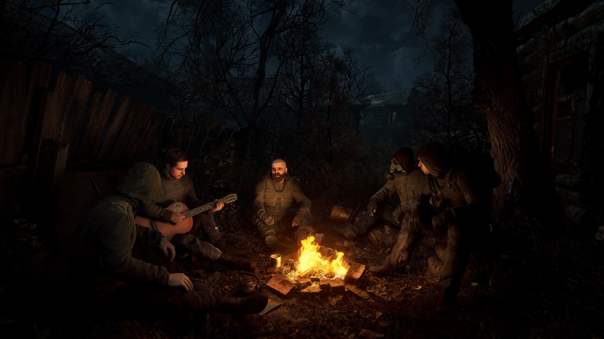 Comrades sitting around a campfire in Stalker 2