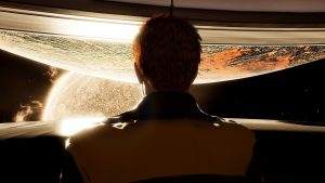 A cinematic shot of a staship captain looking out over a planet in Starship Simulator