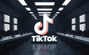 the tiktok logo in the centre of a dark briefing room, 3d render