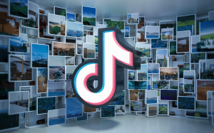 A captivating 3D render of the TikTok logo, with a wall of photos behind it. The photos are a mix of landscapes, cityscapes, and abstract images, with no faces visible. The overall ambiance of the scene is modern and futuristic, with a touch of minimalism., 3d render