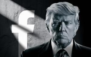 A generated image. striking black and white cinematic headshot of Donald Trump, with a serious and confrontational expression. The background features a large Facebook logo, casting a shadow on Trump. The overall atmosphere of the image is tense and dramatic, with a focus on Trump's piercing gaze and the ominous Facebook logo., cinematic